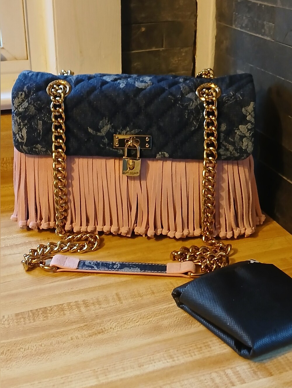 Kurt Geiger NWT XXL Denim Paisley & Pink Suede Fringe Brixton & Dustbag